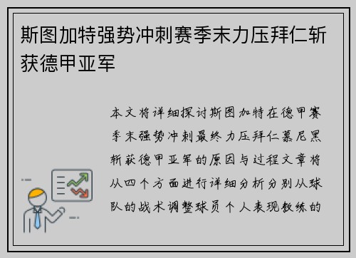 斯图加特强势冲刺赛季末力压拜仁斩获德甲亚军